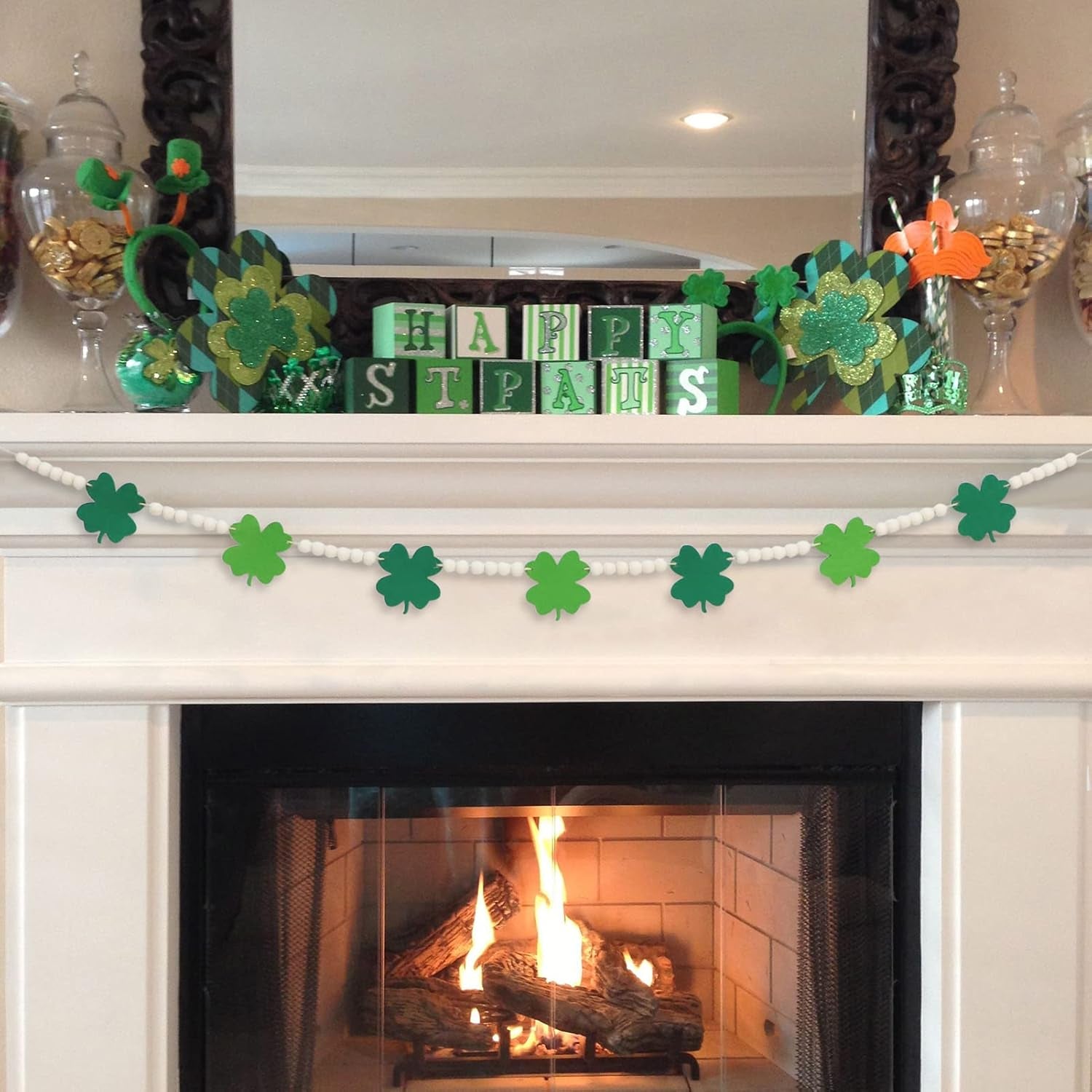 St. Patrick'S Day Decorations, Wood Bead Shamrock Garland for St. Patrick'S Day Decor, Lucky Felt Shamrock Garland for Mantel Wall Decor