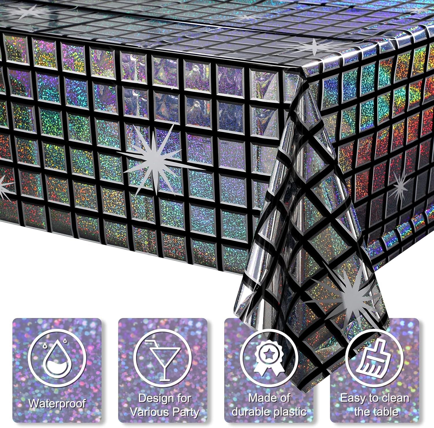 3 Pack Disco Tablecloth Party Decorations, Shiny Iridescent Disposable Laser Rectangle Table Covers, Silver Holographic Plastic Table Cloth for 70S Disco Birthday Theme Party Decorations, 39 X 108Inch