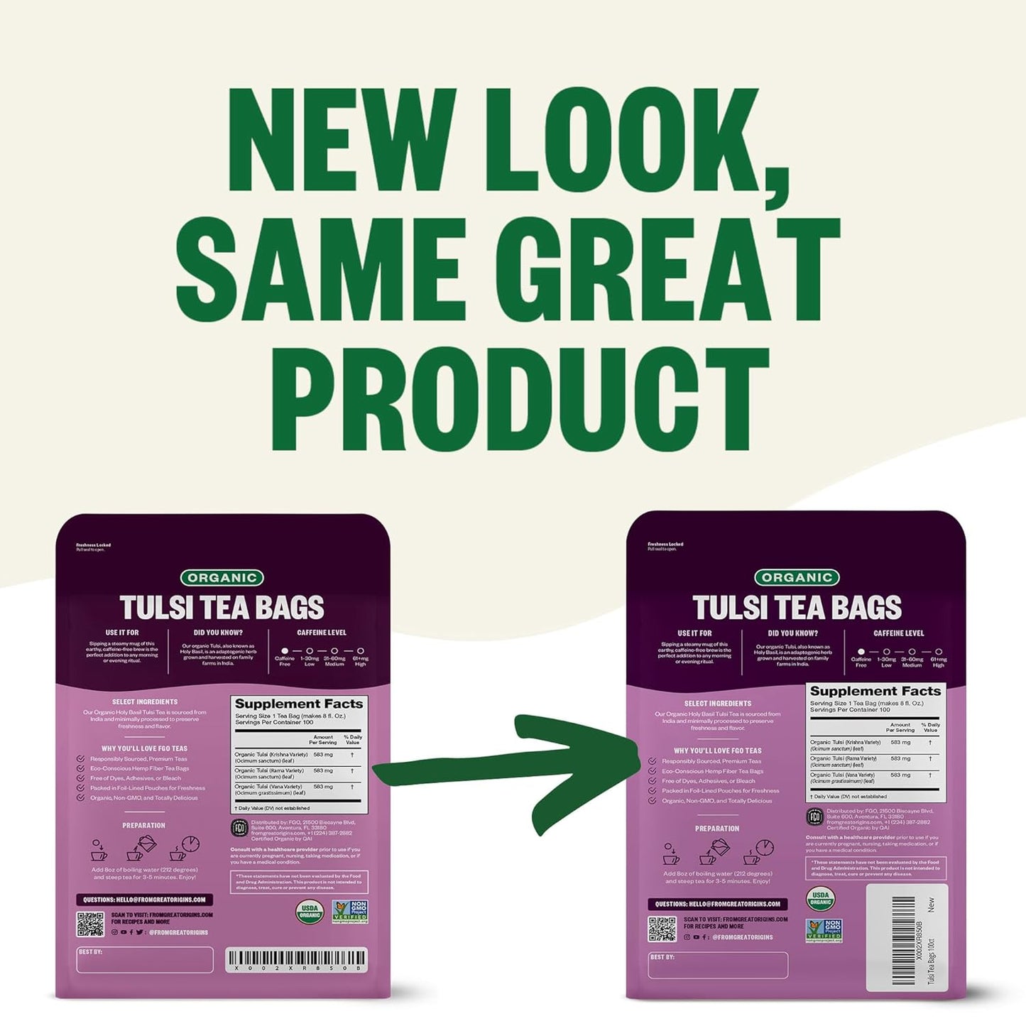 Organic Tulsi Holy Basil Tea, 100 Count, Eco-Conscious Herbal Tea Bags, Resealable Bag, Caffeine Free, Packaging May Vary (Pack of 1) TLBH