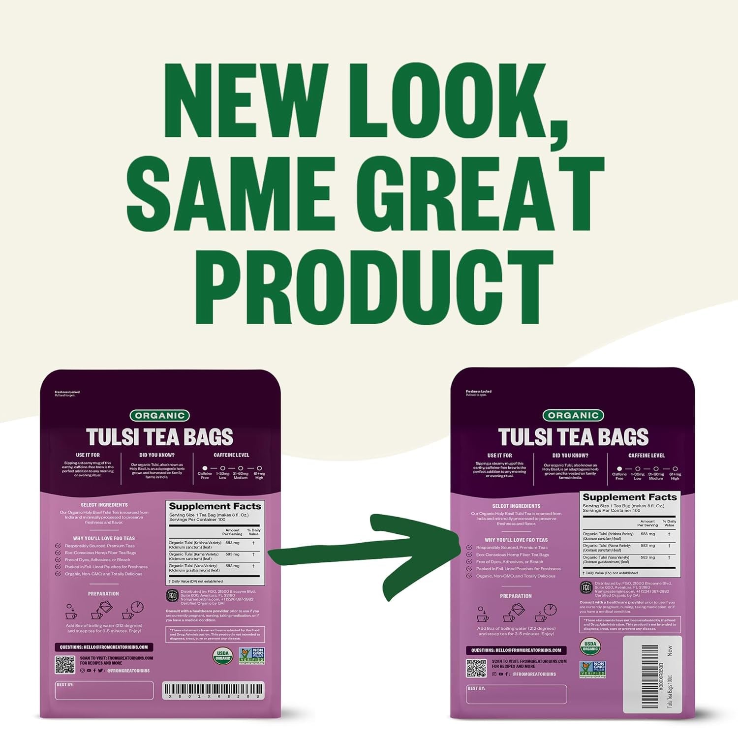 Organic Tulsi Holy Basil Tea, 100 Count, Eco-Conscious Herbal Tea Bags, Resealable Bag, Caffeine Free, Packaging May Vary (Pack of 1) TLBH