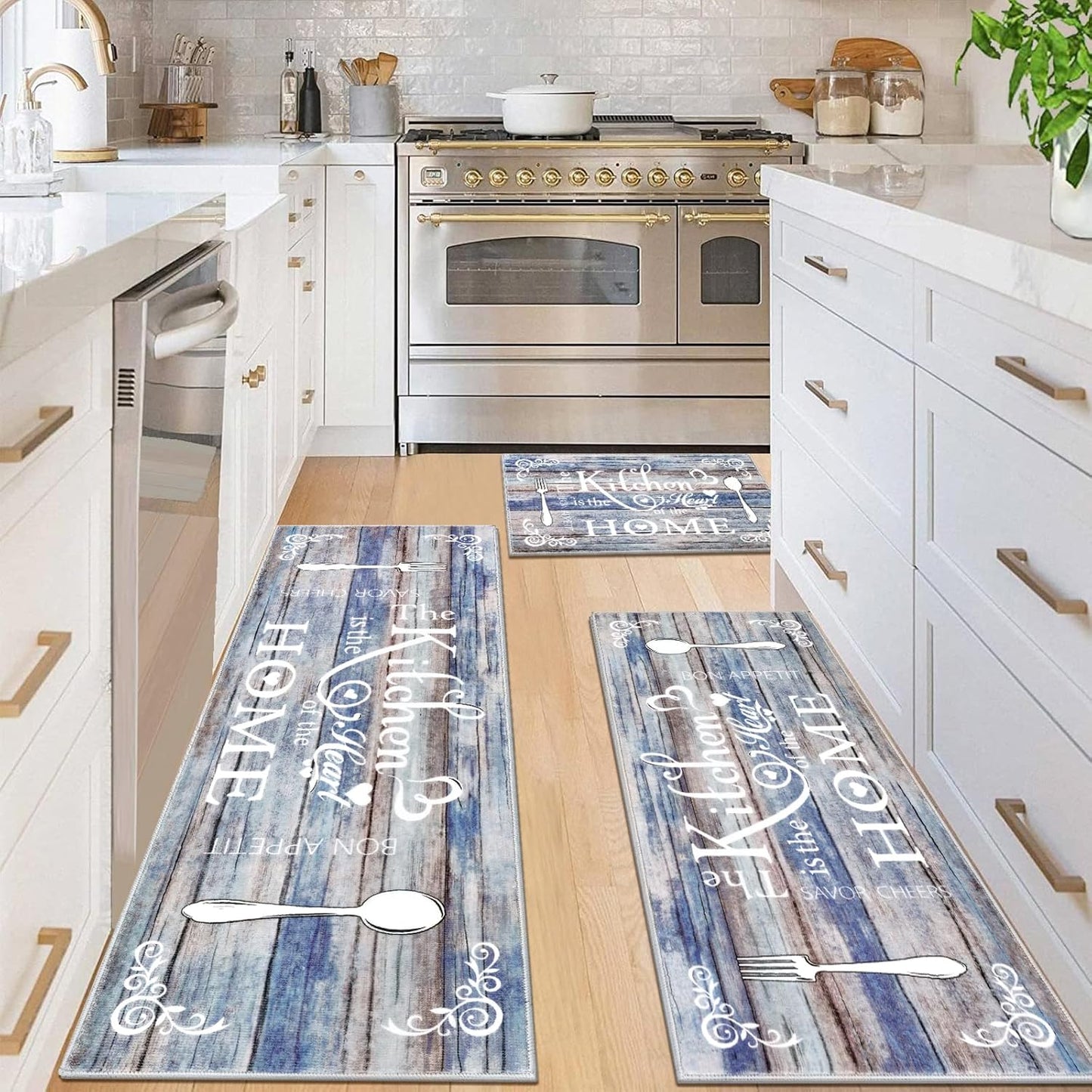 Boho Kitchen Rug Sets 3 Pieces, Washable Kitchen Mats for Floor, Non Slip Soft Kitchen Area Rug Floor Mat for Kitchen, Laundry Room and Hallway (Teal, 20''X32''+20''X47''+20''X59'')