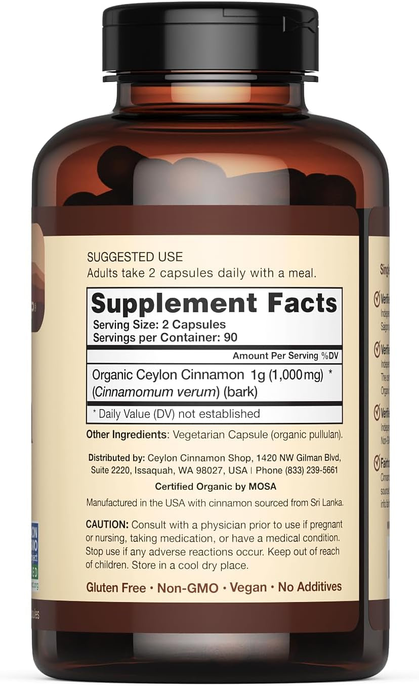Organic Ceylon Cinnamon (100% Certified) Supplement, 180 Capsules, 3 Month Supply TLBH
