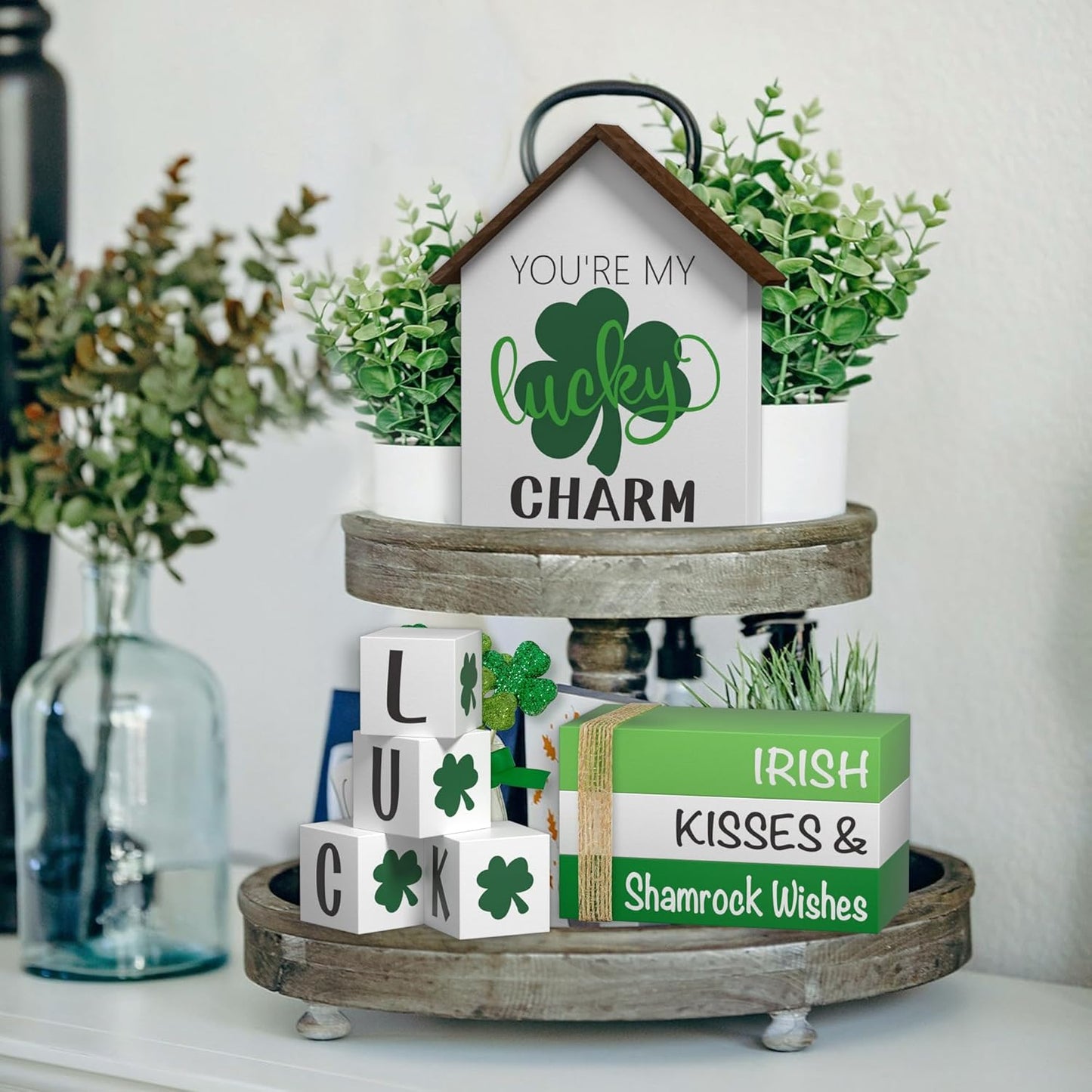 St. Patrick'S Day Decorations Shamrock Decor Faux Books, 8 Pcs St. Patricks Day Tiered Tray Decor Book Stack Lucky Wooden Signs, Farmhouse Rustic Wooden Decor for Home Kitchen Table