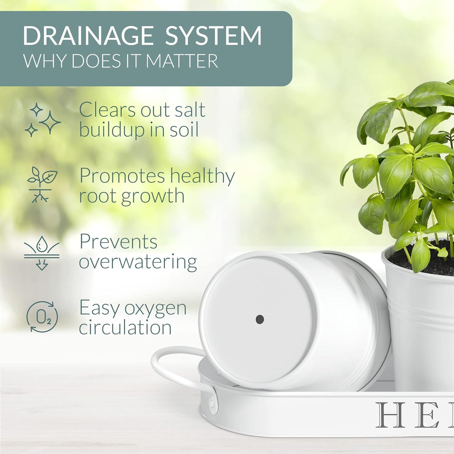 Indoor Herb Garden Planter Set with Tray, Metal Windowsill Plant Pots with Drainage for Outdoor or Indoor Plants, Set/3 (White)