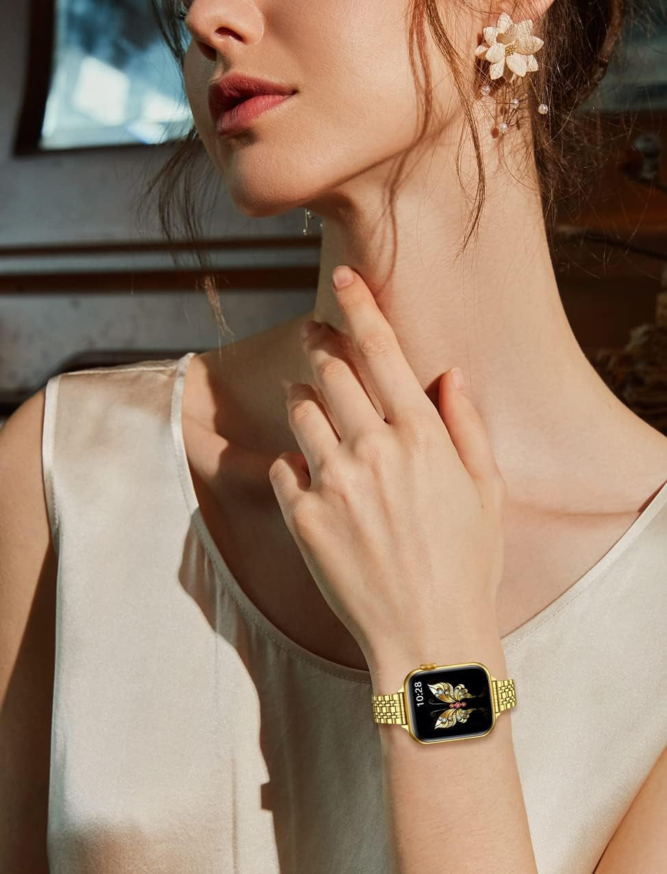 Slim Metal Band Compatible with Apple Watch Band 41Mm 40Mm 38,Mm,Dressy Stainless Steel Chain Strap for Women Iwatch Bands Series 9 8 7 6 5 4 3 2 1 Se,Gold