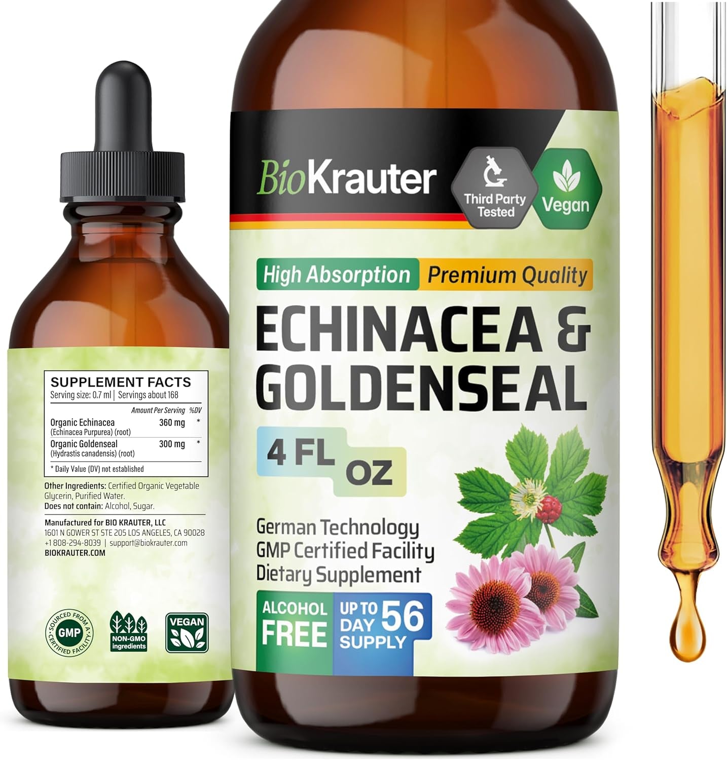 Echinacea and Goldenseal Root Liquid Extract - Natural Immune Support - Echinacea Drops with Goldenseal - Vegan, Alcohol & Sugar Free Tincture - 4 Fl.Oz. TLBH