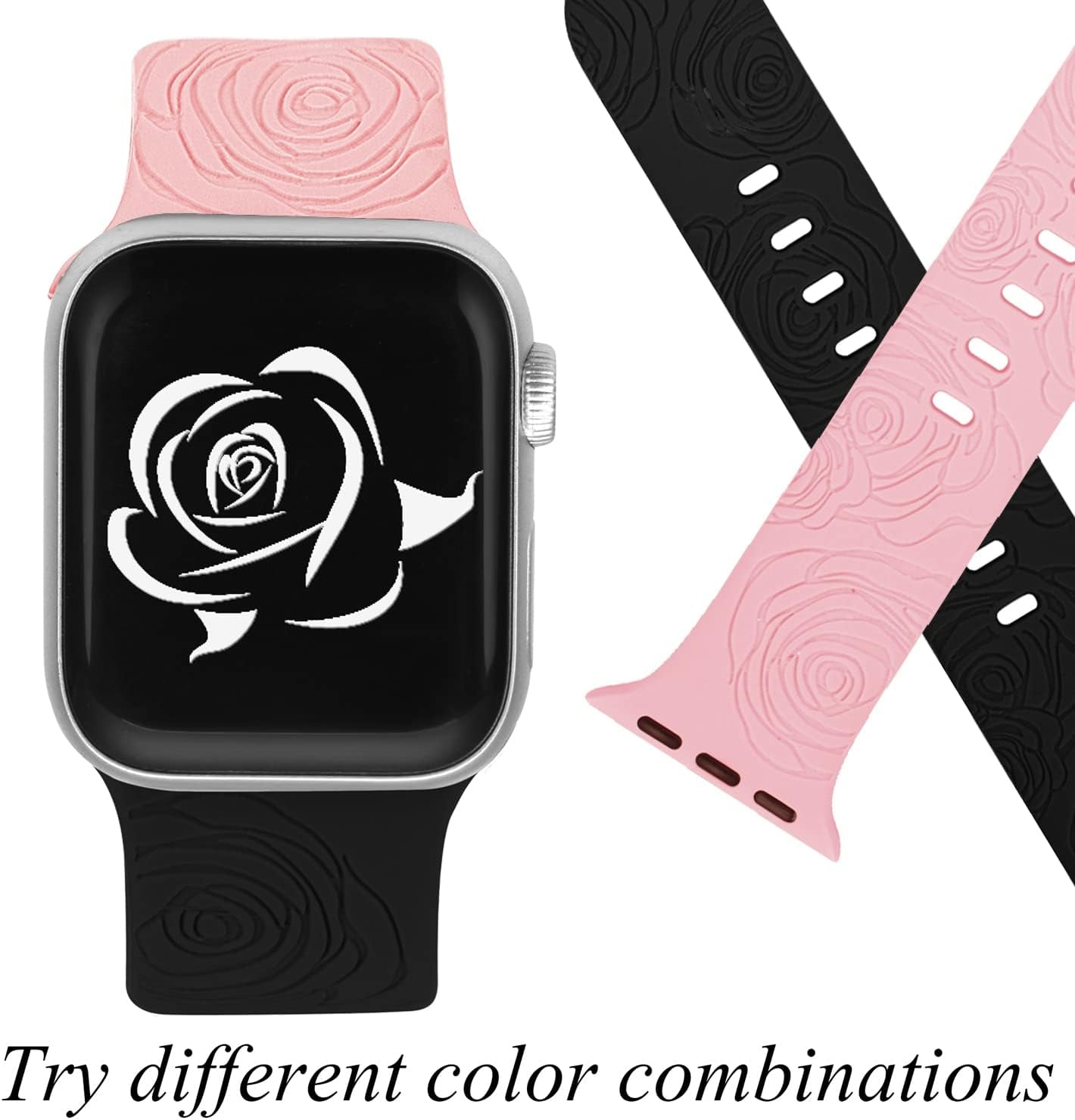 Rose Engraved Silicone Band Compatible with Watch Band 38Mm 40Mm 41Mm 44Mm 45Mm 42Mm Women Men,Sport Strap Replacement Wristbands for Watch Series 7/6/5/4/3/2/1/SE,2 Pack