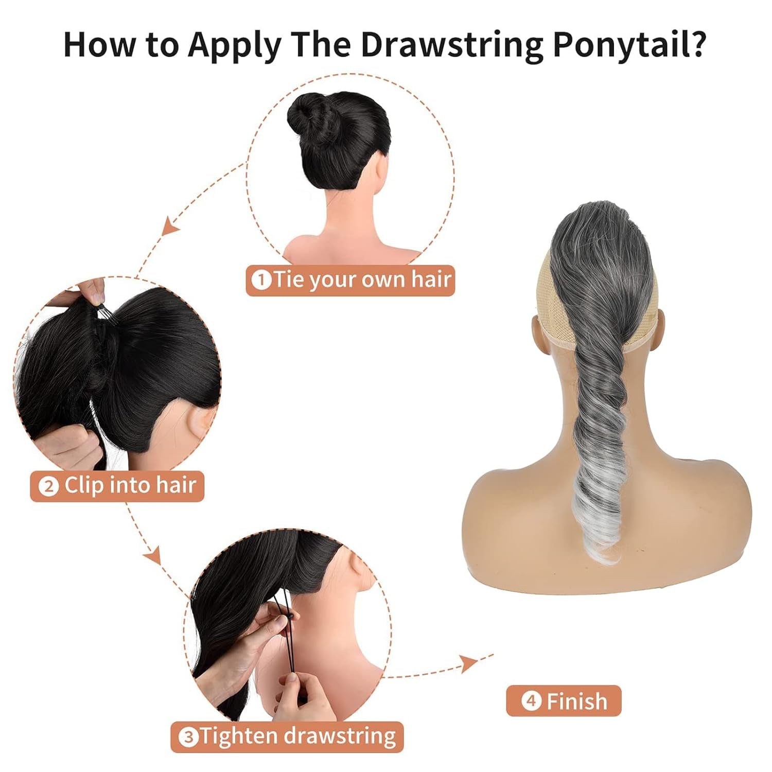 Salt and Pepper Ponytails Extension Drawstring Ponytail for Black Women, Short Curly Ponytails Silver Gray Ponytail Sleek Fake Ponytail Clip in on Hair Pieces for Black Women for Girls 14Inch