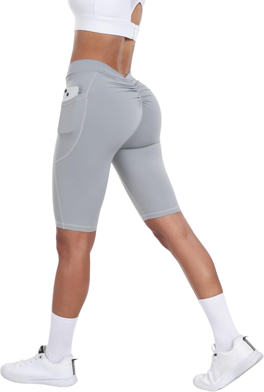 V Back Biker Shorts with Pockets Scrunch Butt Lifting Shorts for Women Athletic Gym Yoga Booty Shorts