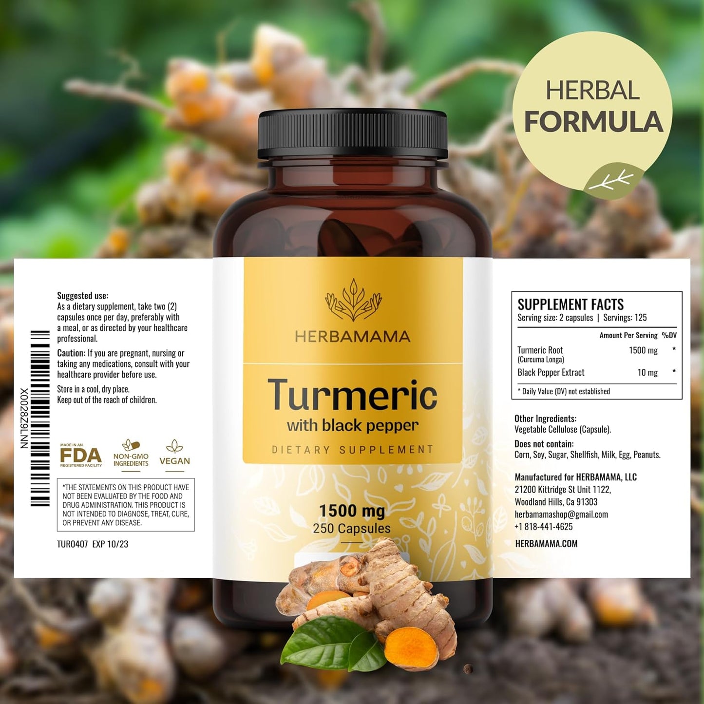 Curcumin Turmeric Capsules - 1500Mg Curcuma Longa and Black Pepper Extract for Uric Acid & Digestive Support - Vegan, Non-Gmo Turmeric Antioxidant Supplement, 250 Caps TLBH