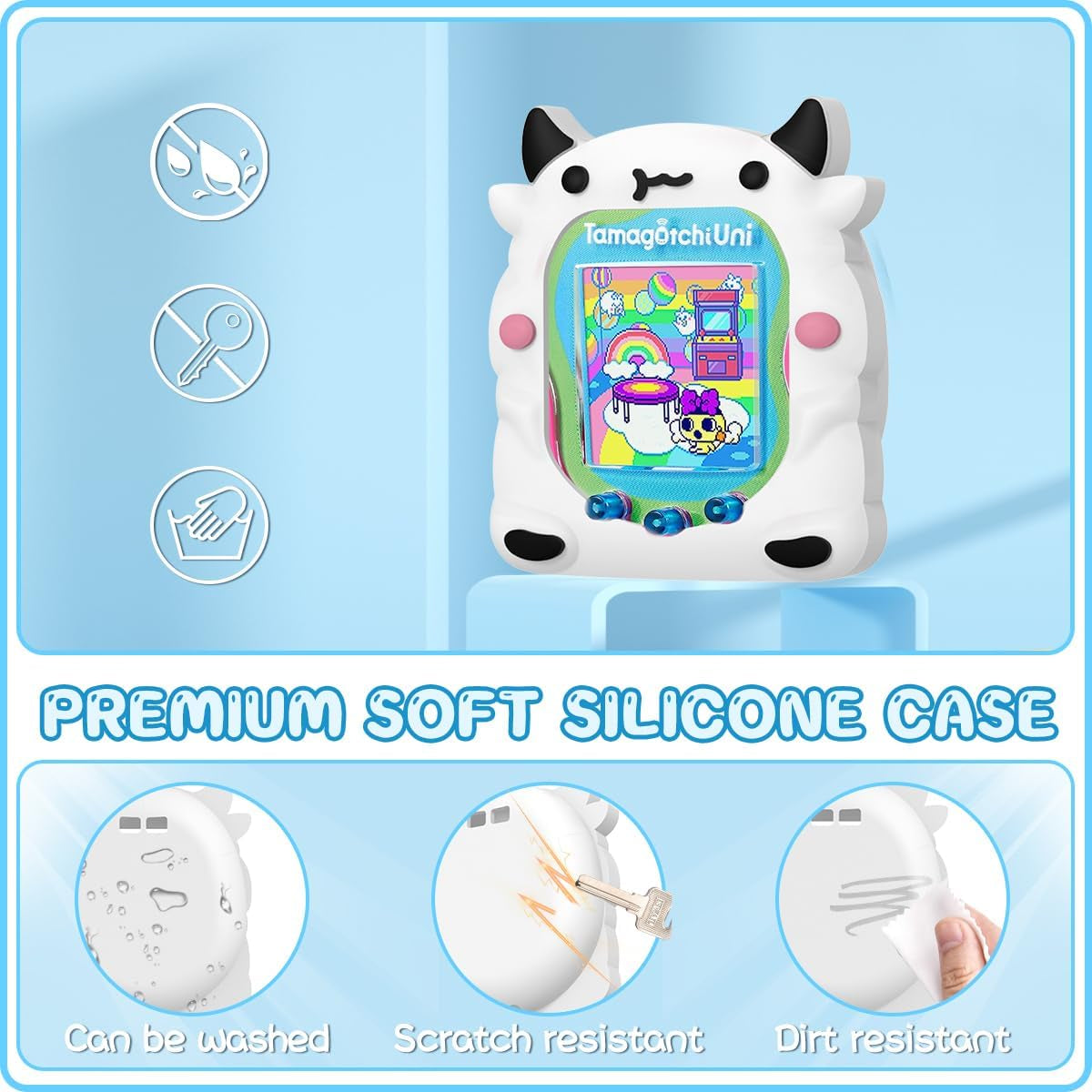 Silicone Case Compatible with Tamagotchi Uni Case, Cute Cartoon White Cow Virtual Pet Game Machine Protector Cover for Tamagotchi Uni Accessories with Ring Lanyard (White Cow) ZOUSA