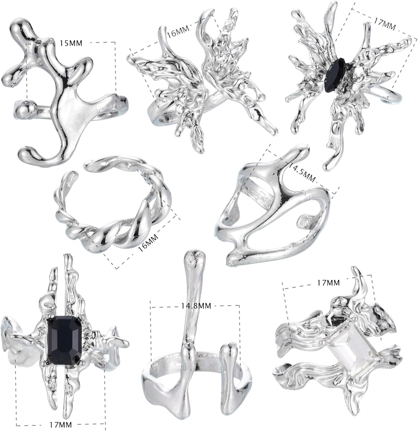 8 Pcs Vintage Silver Rings Sets Y2K Goth Coquette Grunge Chunky Stacking Rings for Women Aesthetic Accessories Jewlery Boho Silver Statement Ring Gift