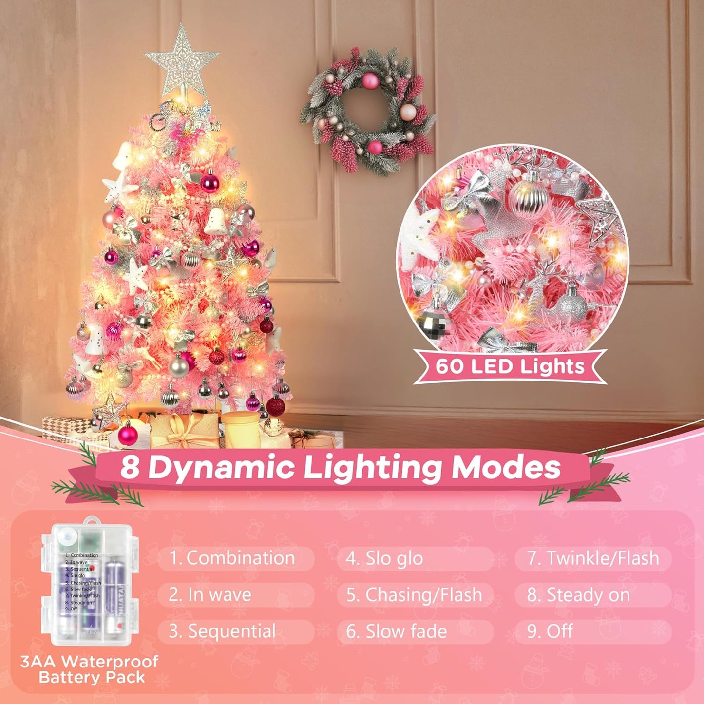 3FT Mini Pink Christmas Tree, Small Christmas Tree with Lights, Prelit Tabletop Christmas Tree with 200 Branch Tips and 110+ DIY Ornaments, Christmas Decorations Indoor and Gifts for Men Women