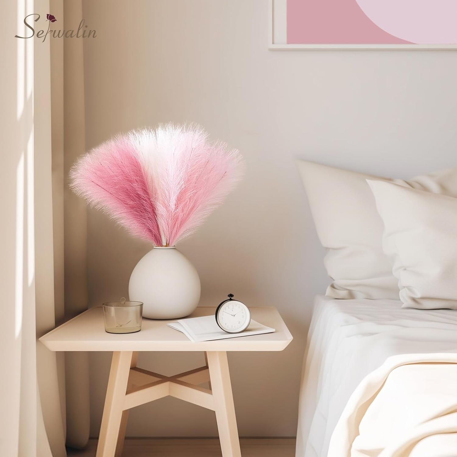 Pampas Grass Pink Decor 17.7 Inch 6Pcs, Faux Pampas Grass Home Decor, Artificial Pampas Grass Blush Fake Pampas, Short Vase Room Christmas Decoration