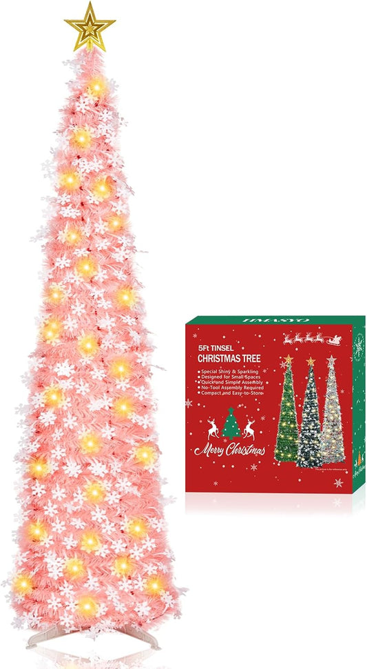 5 FT Pop up Christmas Tree with Timer Lights - Pink Tinsel Christmas Tree with Snowflake, Collapsible Artificial Pencil Tree Xmas Decoration for Home, Office, Party, Easy Assembly