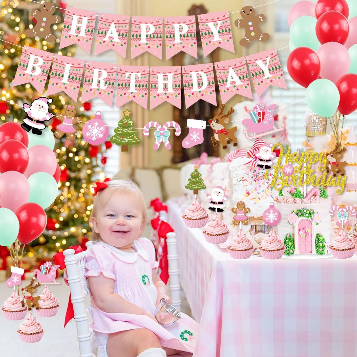 Pink Christmas Birthday Decorations,Gingerbread Man Theme Happy Birthday Banner Santa Claus Cake Topper Latex Balloons for Christmas Birthday Party Supplies