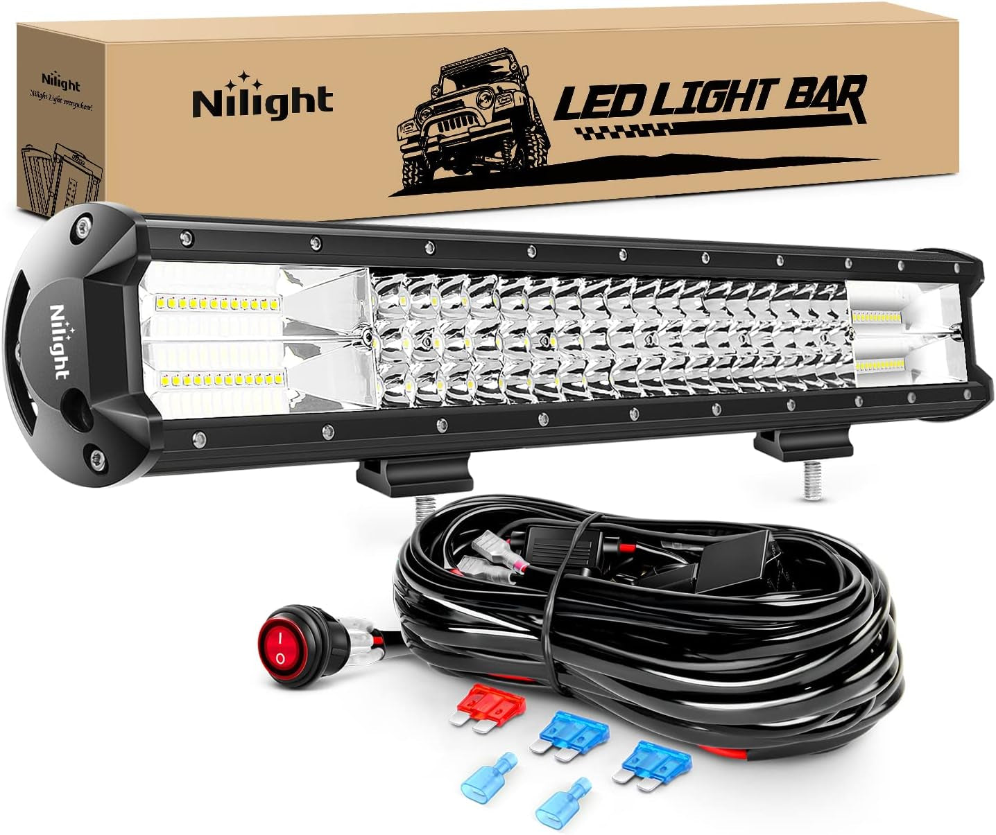 LED Light Bar 20Inch 288W Flood Spot Combo 28800LM off Road Driving Lighting with Wiring Harness for Trucks Tractor Trailer Pickup Golf Cart SUV ATV UTV 4X4 Van Camper