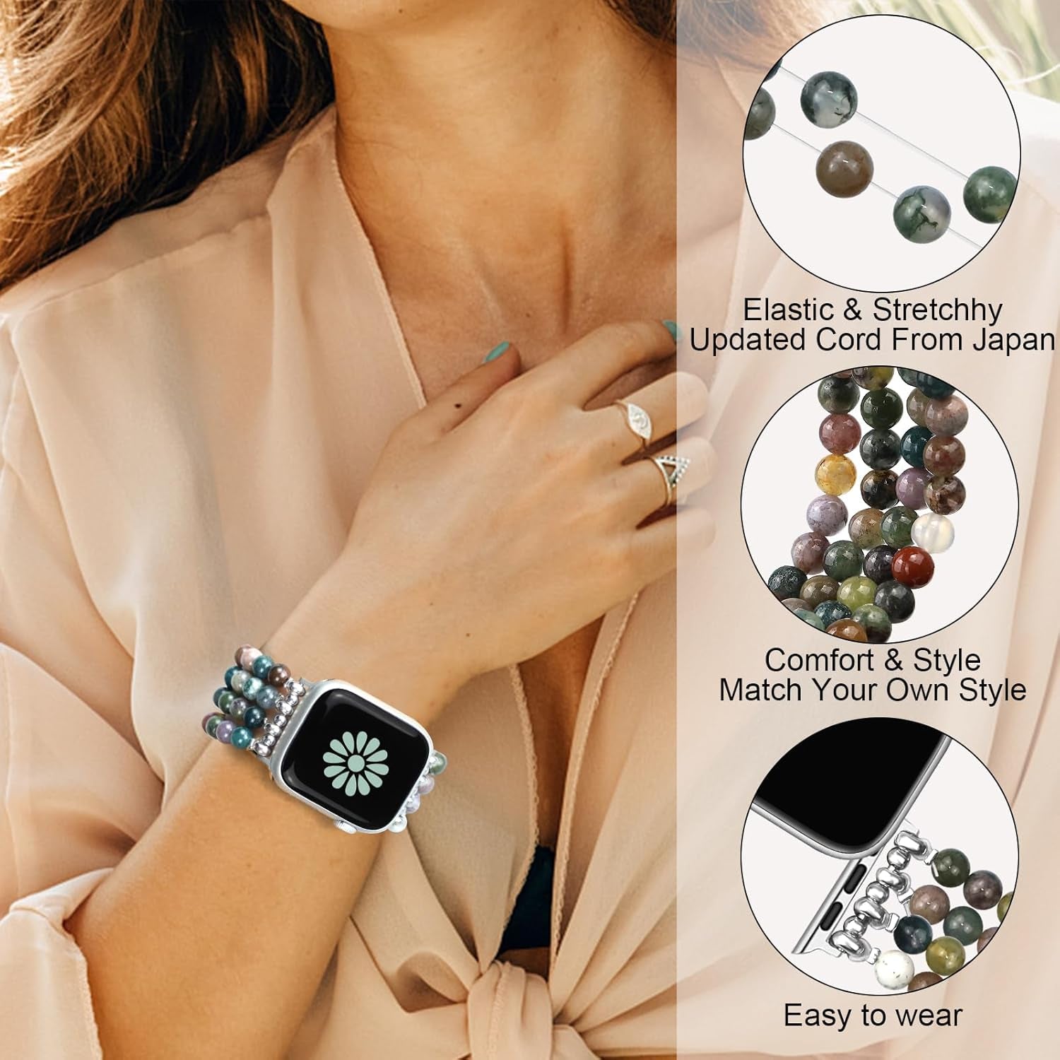 Bling Stretchy Nylon Band Stone Bracelet Beaded-Bands Women Compatible with Apple Watch Band 38Mm 40Mm 41Mm 42Mm (S10) Cute Handmade Elastic Stretch Strap for Iwatch Series 10/9/8/76/5/4/3