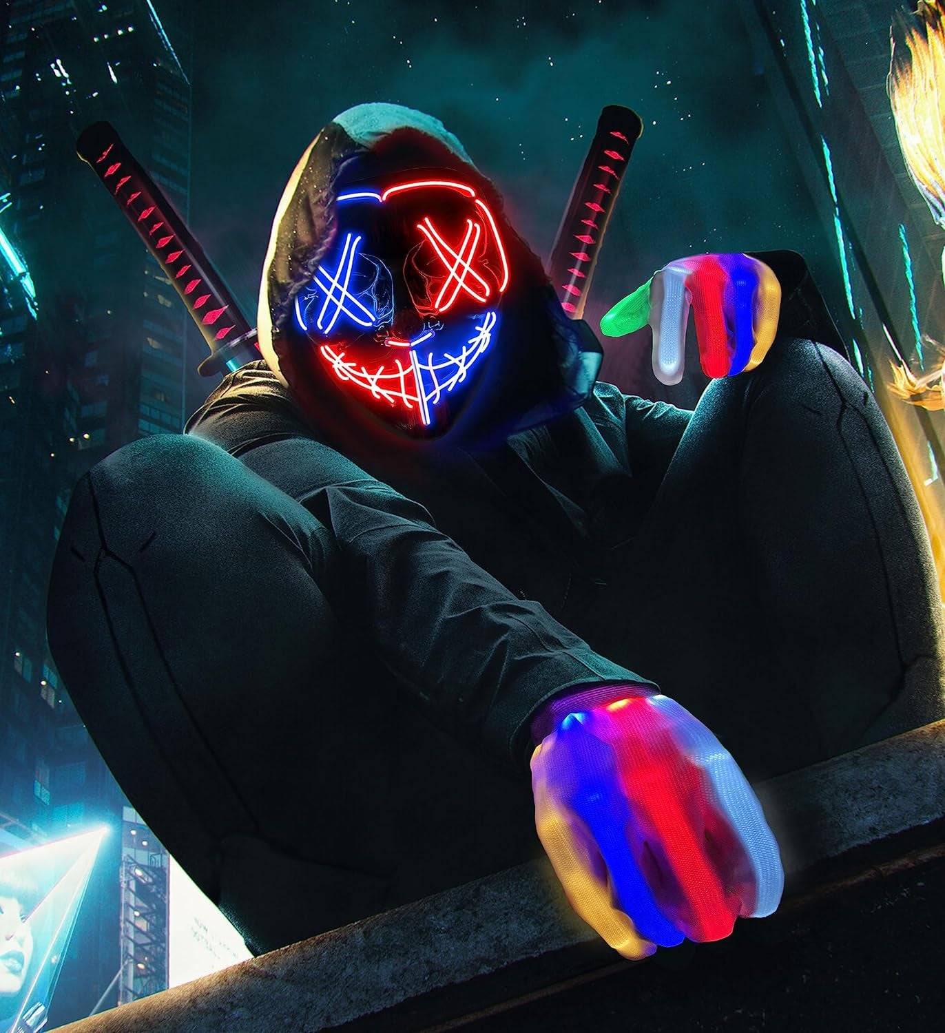 Halloween Mask Skeleton Gloves Set, Light up Scary LED Mask with Glow Gloves, Halloween Costumes for Boys Girls