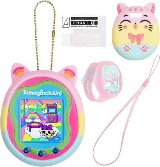 Silicone Case for Tamagotchi Uni Virtual Pet Machine, Screen Protector Compatible with Tamagotchi Uni Watch Digital Pet (Silicone Case and Screen Film) (Macarons) ZOUSA