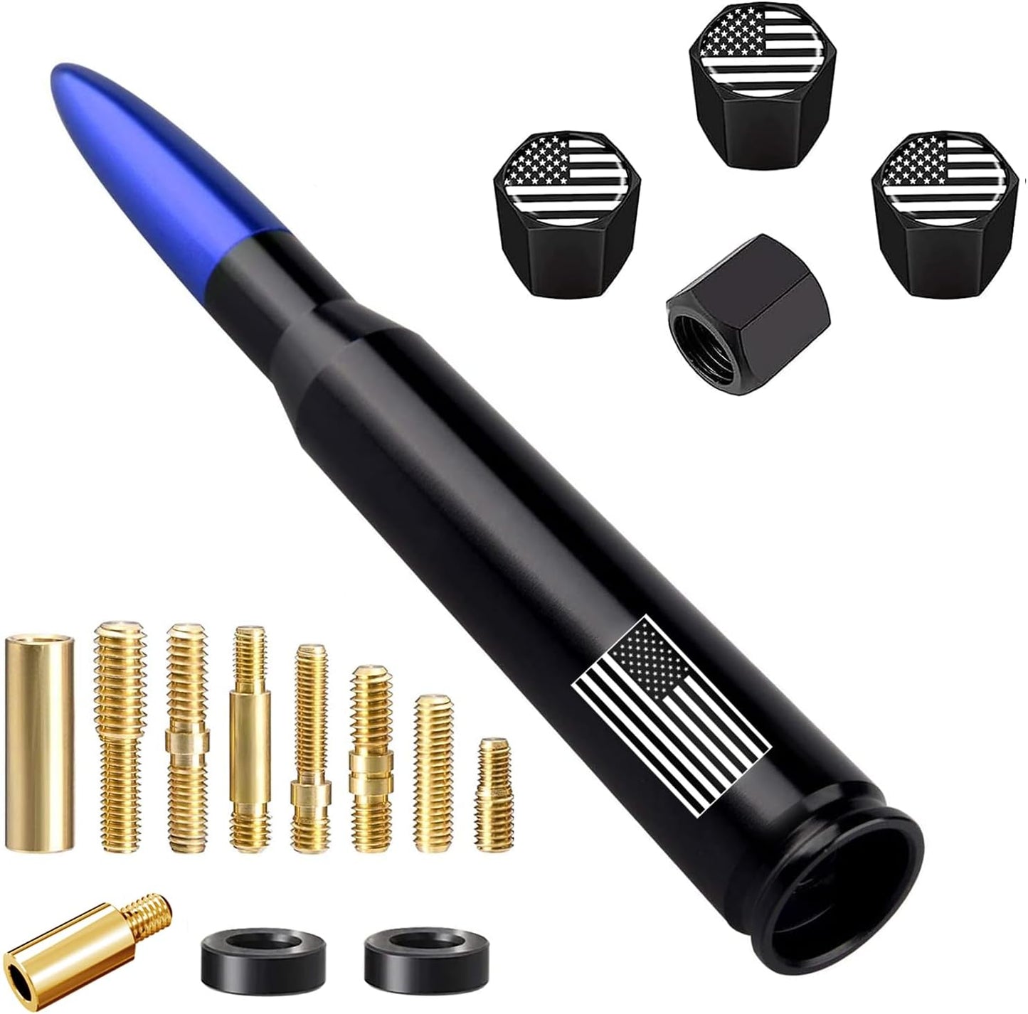 American Flag Car Truck Antenna with Valve Stem Caps, Universal Mast for GM Chevy Silverado 1500 2500 3500 HD Avalanche Ford F150 F250 F350 Denali Heavy Duty Pickup Trucks Accessories (Black)