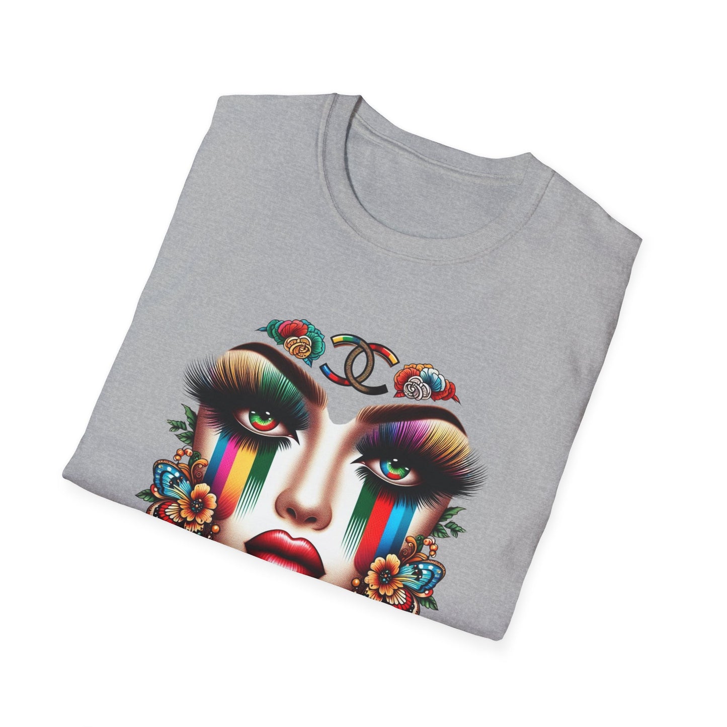 Gucci Inspired Vibrant Art Face Unisex Softstyle T-Shirt - Colorful Floral Design