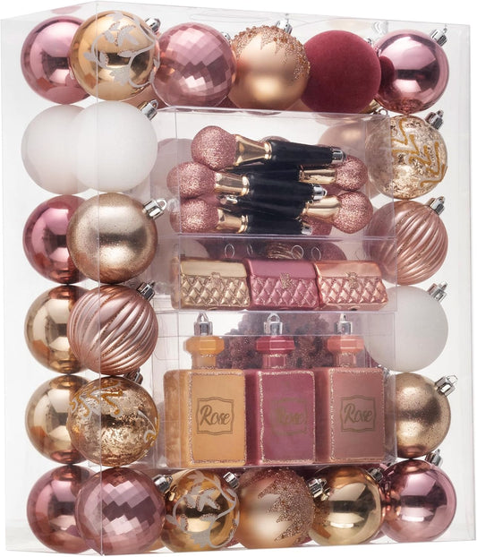 Decorbyhannah Christmas Ornaments Set,100Ct Shatterproof Pink Gold Elegant Christmas Tree Ornaments Bulk,Assorted Valentines Day Decorations Hanging Velvet Ball Ornaments for Xmas Tree Decorations