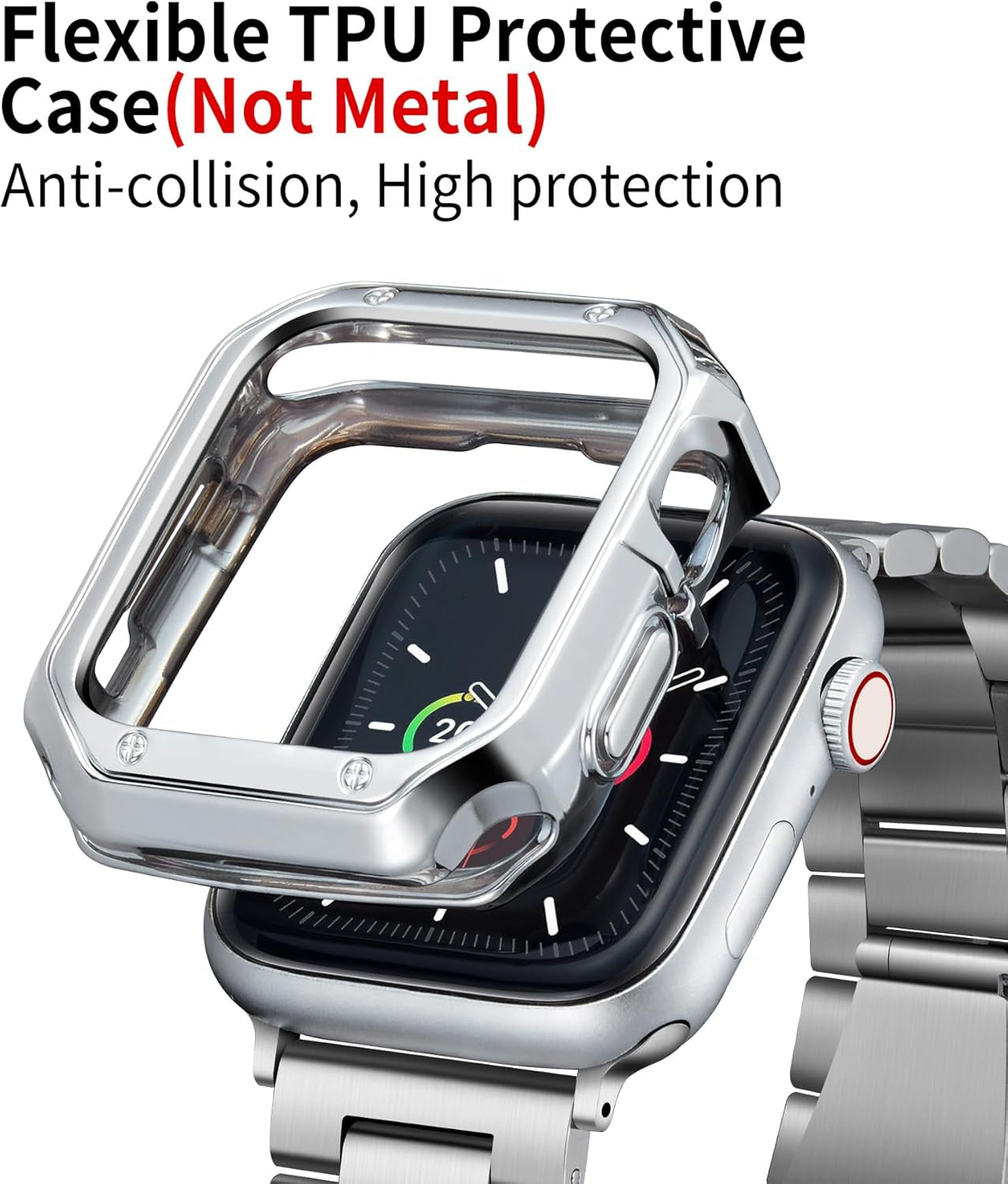 Compatible with Apple Watch Band 49Mm 45Mm 44Mm 42Mm 41Mm 40Mm 38Mm Matte Stainless Steel Metal Watch Strap with TPU Watch Case Compatible with Iwatch Series Ultra/9/8/7/Se2/Se/6/5/4/3/2/1