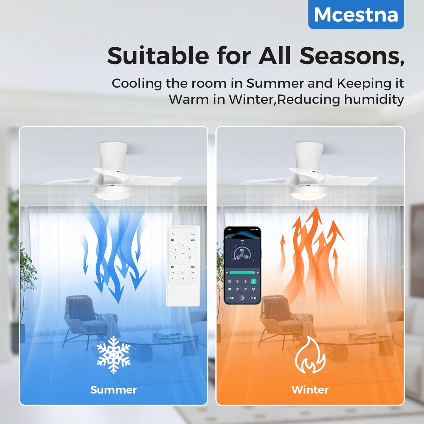 Smart Modern Flush Mount Ceiling Fans with Lights and Remote 32 Inch Low Profile Led Lights for Bedroom Bladeless Fan for Bedroom Kids Room and Living Room Ceiling Light Fixture