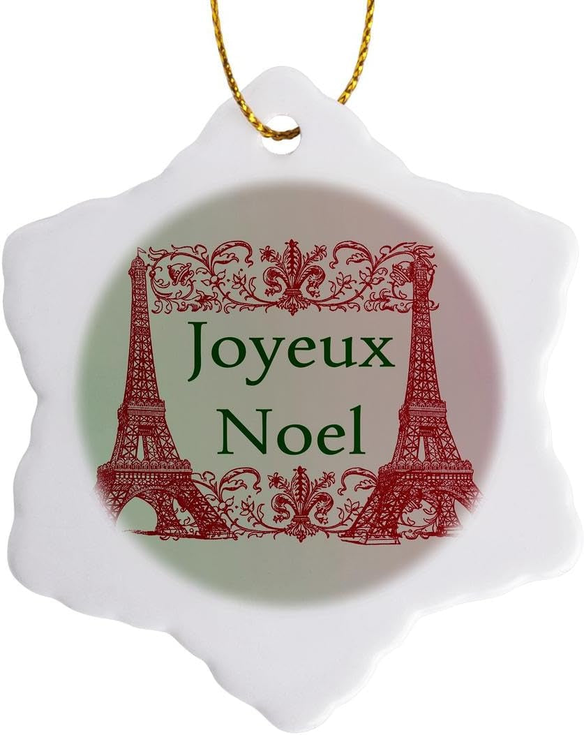 ORN_152141_1 Joyeux Noel Eiffel Towers French Merry Christmas Porcelain Snowflake Ornament, 3-Inch