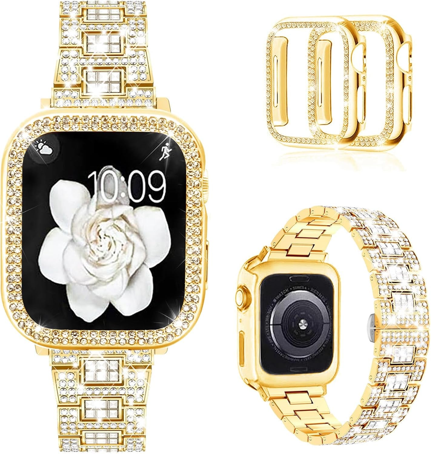 Compatible with Apple Watch Band 38Mm 40Mm 41Mm 42Mm 44Mm 45Mm 49Mm with 2 Pack Case Women, Jewelry Replacement Metal Wristband Strap with Bling PC Protective Case for Iwatch Ultra SE Series 9/8/7/6/5/4/3/2/1