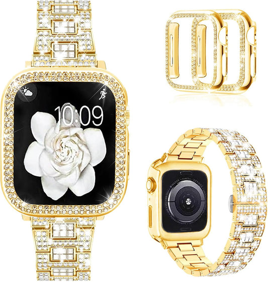 Compatible with Apple Watch Band 38Mm 40Mm 41Mm 42Mm 44Mm 45Mm 49Mm with 2 Pack Case Women, Jewelry Replacement Metal Wristband Strap with Bling PC Protective Case for Iwatch Ultra SE Series 9/8/7/6/5/4/3/2/1
