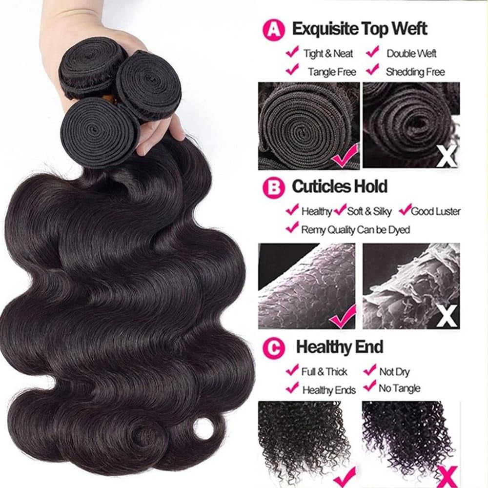 Body Wave Bundles Human Hair, 3 Bundles 14/16/18Inch Hair Extensions, Body Wave Bundles Human Hair, 10A Grade 100% Unprocessed Virgin Brazilian Human Hair Bundles Natural Black Color