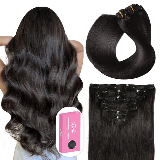 16 Inch 120G 7Pcs Clip in Hair Extensions, Straight Double Weft Natural Black (16 Inches #1B off Black)