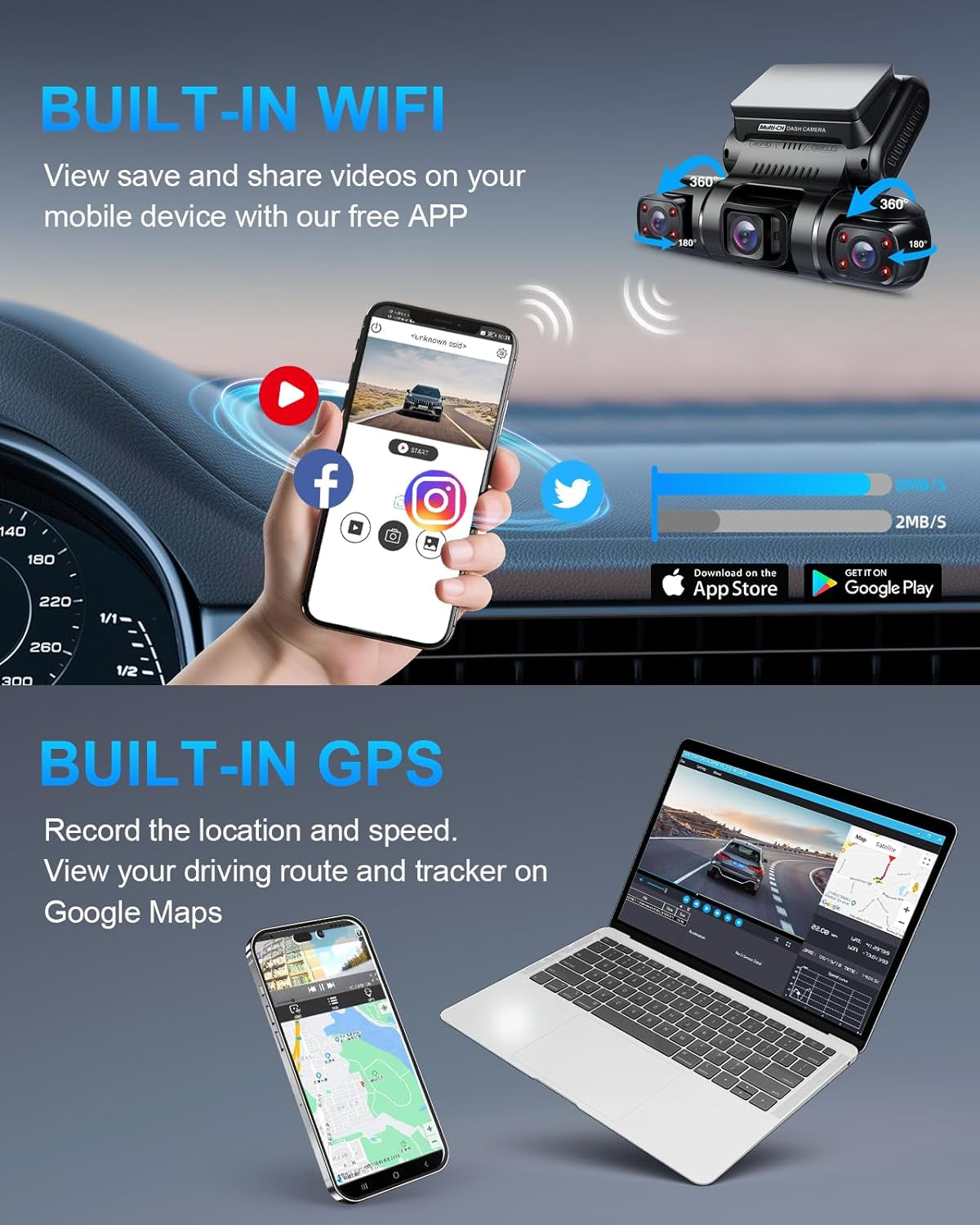 360 Degree View 4 Channel Dash Cam Front and Rear inside Left Right, Dash Camera for Cars, Built-In GPS Wifi Night Vision, 24/7 Recording Parking Mode Monitor, Free 128G Card