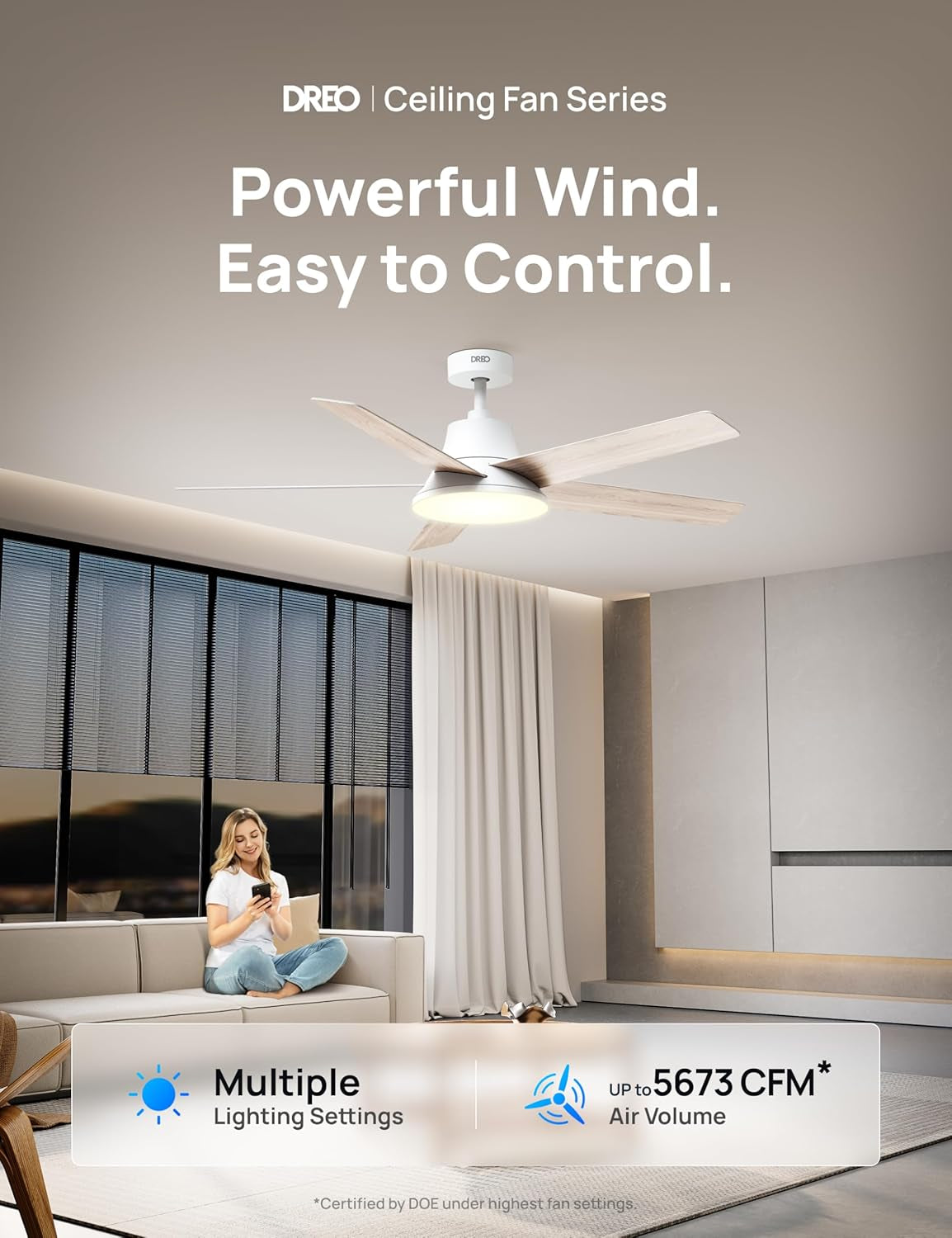 Smart Ceiling Fan with Lights, 52 Inch, 12 Speeds & 3 Fan Modes, Stepless Color Tones, Dimmable LED Light, 12H Timer, Quiet DC Motor, Remote/App/Alexa Control, White Ceiling Fans Indoor