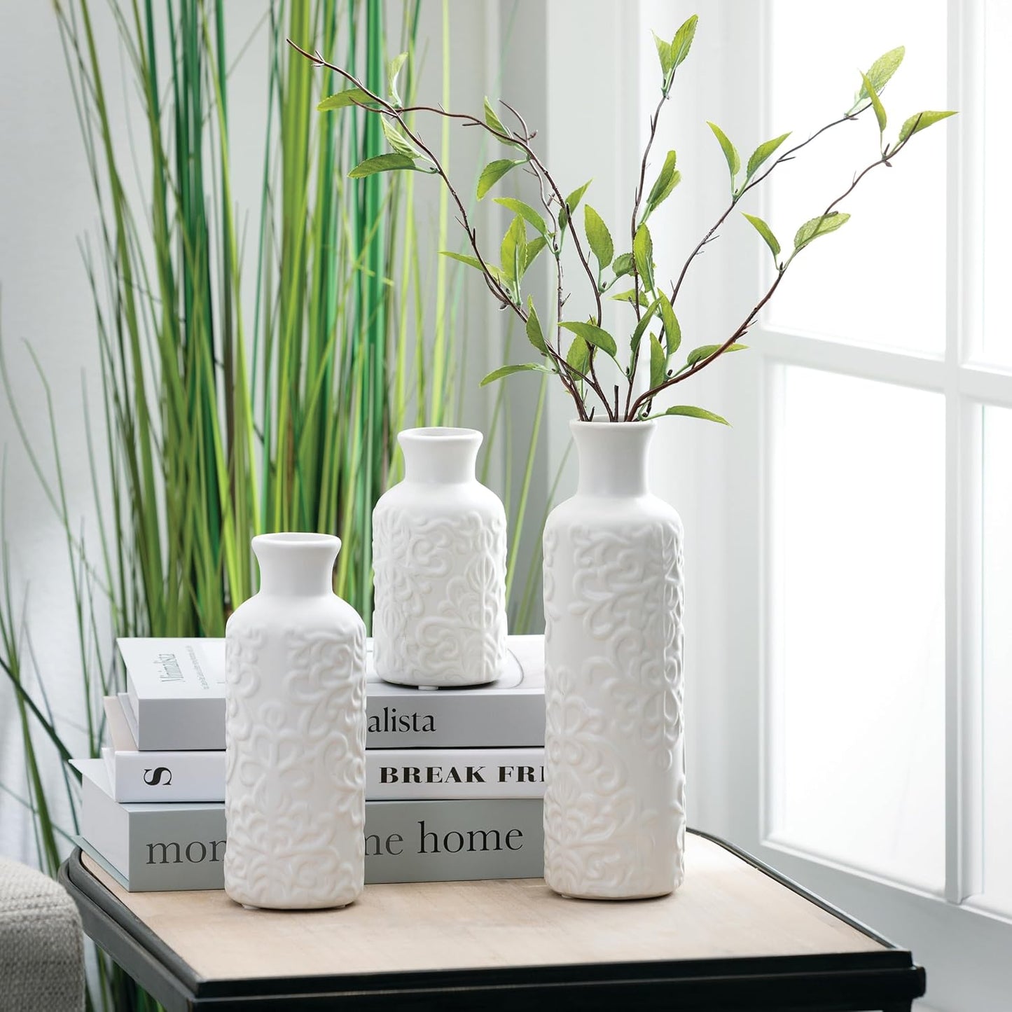 Small White Embossed Ceramic Vase Set of 3, Matte Finish, Vases for Decor, Modern Home, Centerpieces, Mantle, Tabletop, for Living Room, Bedroom, Kitchen, Entryway Decor