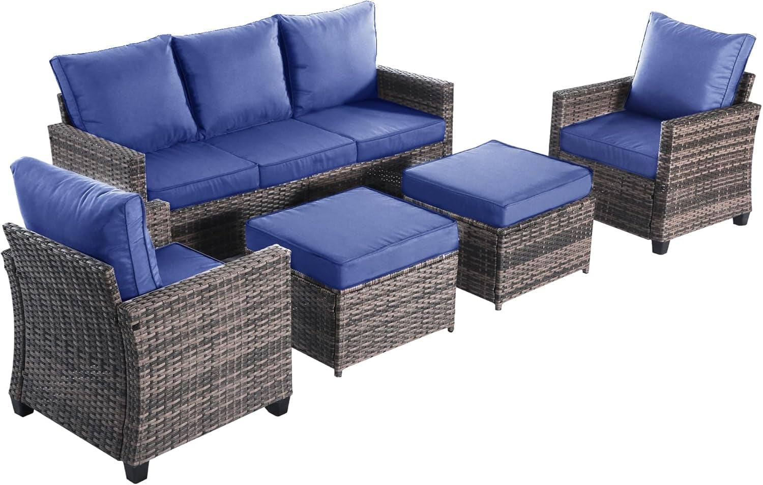 7 Piece Outdoor Furniture Set, PE Rattan Patio Conversation Set, Outdoor Sectional Furniture Sofa Set with Thick Cushions and Coffee Table, Navy Blue