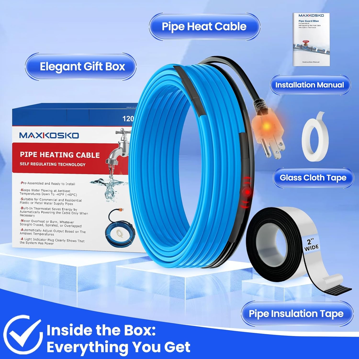 6Feet Water Pipe Heat Trace Kit with Thermostat for Pipe Freeze Protection, 8.2 Ft X 2 in Self-Adhesive Outdoor Water Pipe Insulation Tape for 120V Electric Pipe Heat Cable Anti-Freeze