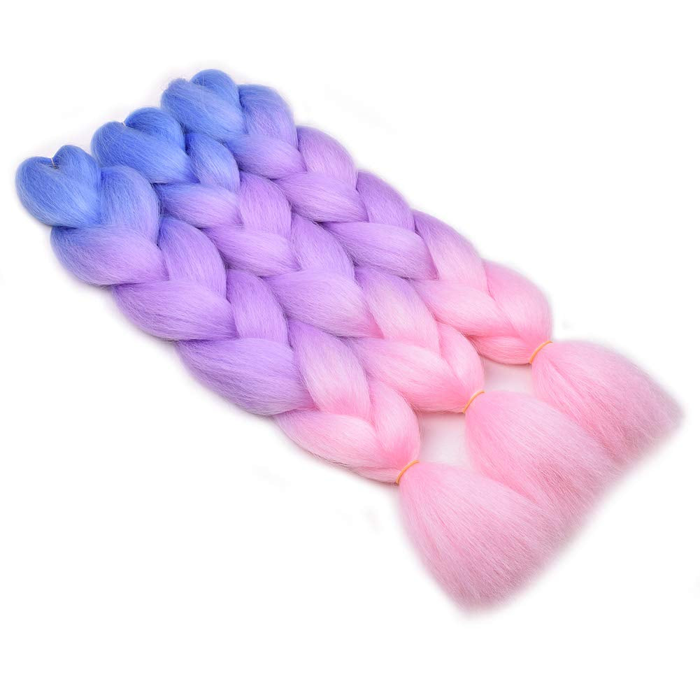 Ombre Braiding Hair Kanekalon Braiding Hair Extensions Pink 3Pcs Jumbo Braiding Hair for Box Braids 24Inch Blue/Purple/Pink