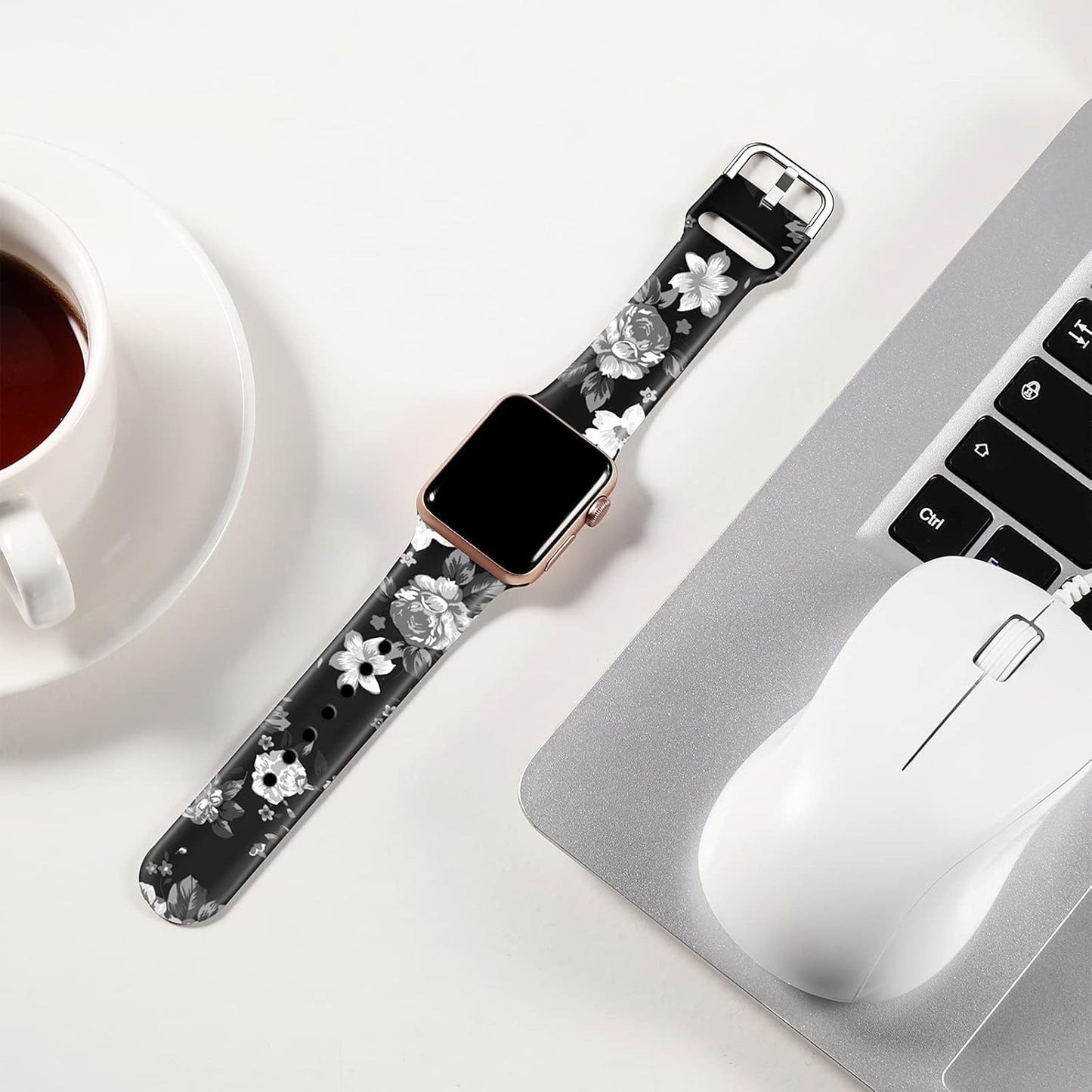 Bands Compatible with Apple Watch Band 38Mm 40Mm 41Mm 42Mm 44Mm 45Mm for Women Men Silicone Floral Pattern Printed Band Strap for Iwatch Band SE Series 7 6 5 4 3 2 1 Wristband