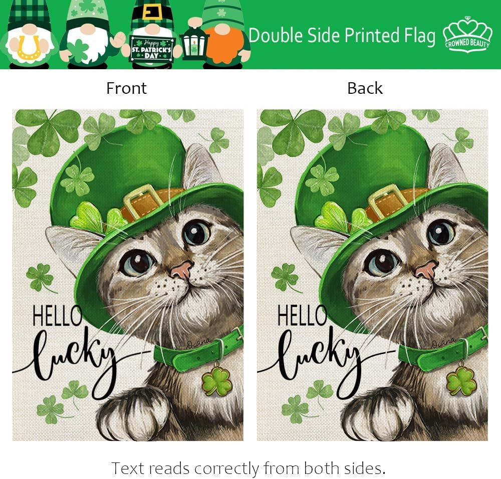 St Patricks Day Cat Garden Flag Hello Lucky 12X18 Inch Double Sided for outside Small Burlap Shamrock Clovers Holiday Yard Decoration
