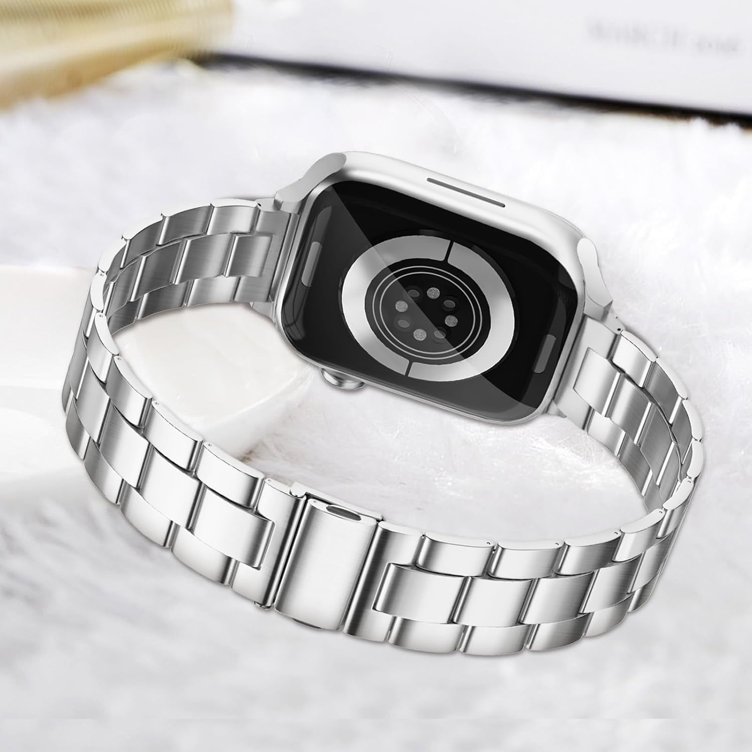 Thin Metal Bands Compatible with Apple Watch Band 38Mm 40Mm 41Mm 42Mm 44Mm 45Mm 46Mm 49Mm, Slim Stainless Steel Wristband Strap for Iwatch Ultra SE Series 10 9 8 7 6 5 4 3 2 1-Silver+Silver-Rosegold
