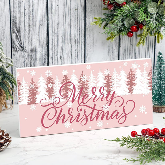 White Farmhouse Merry Christmas Wood Box Sign Pink Wooden Xmas Plaque Winter Woodland Xmas Green Table Decor Rustic Xmas Tree Block Sign Pink Holidays Decor for Home Kitchen 2X6In(Pink)