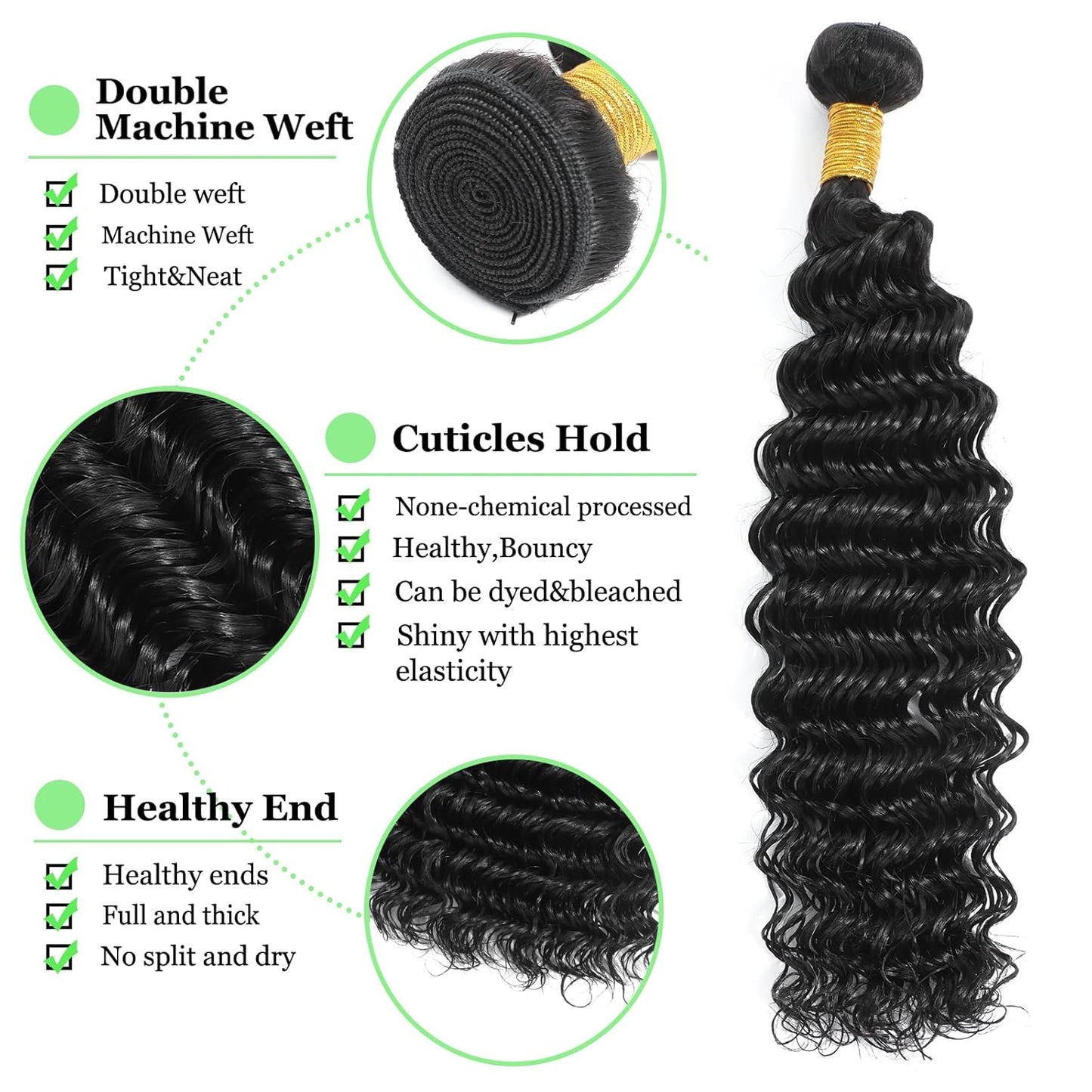 Deep Wave Bundles 12 14 16 Inch Full and Thick 3 Bundles 12A 100% Unprocessed Brazilian Virgin Human Hair Bundles Soft Curly Bundles Human Hair