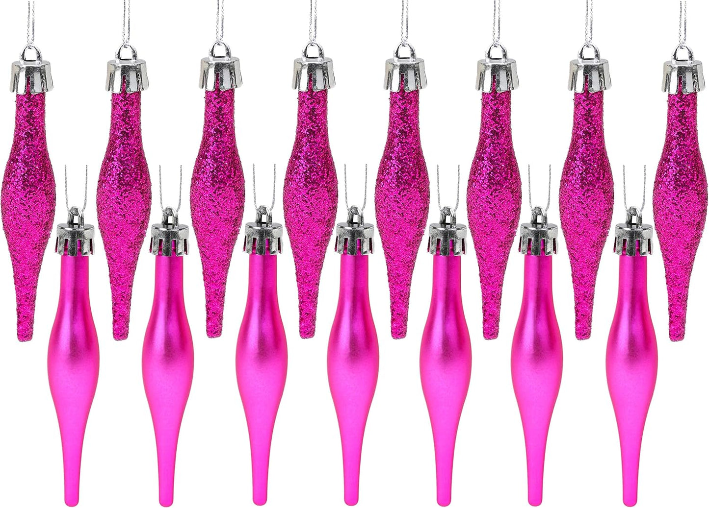 Pack of 15-8.5Cm, 85Mm (3.4") Droplet Baubles - Matte & Glitter Design - Christmas Ornaments (Hot Pink)