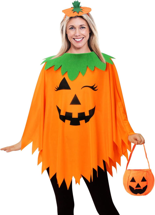 3PCS Halloween Pumpkin Costume for Women,Pumpkin Poncho for Adults with Headband & Bag,Halloween Costume for Women