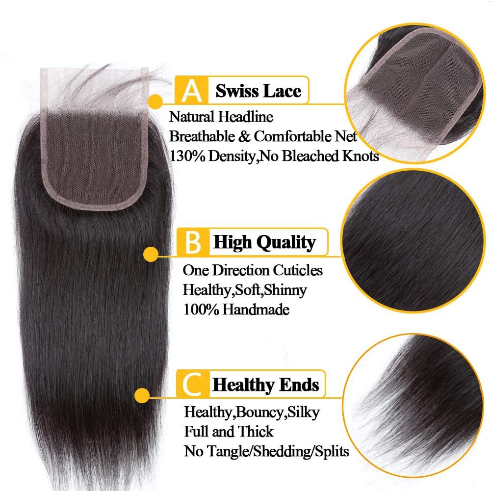 Straight Lace Closure 4X4 Free Part Closure 100% Brazilian Virgin Human Hair Lace Closure Straight Hair Weave with Baby Hair Natural Black Color(10Inch)