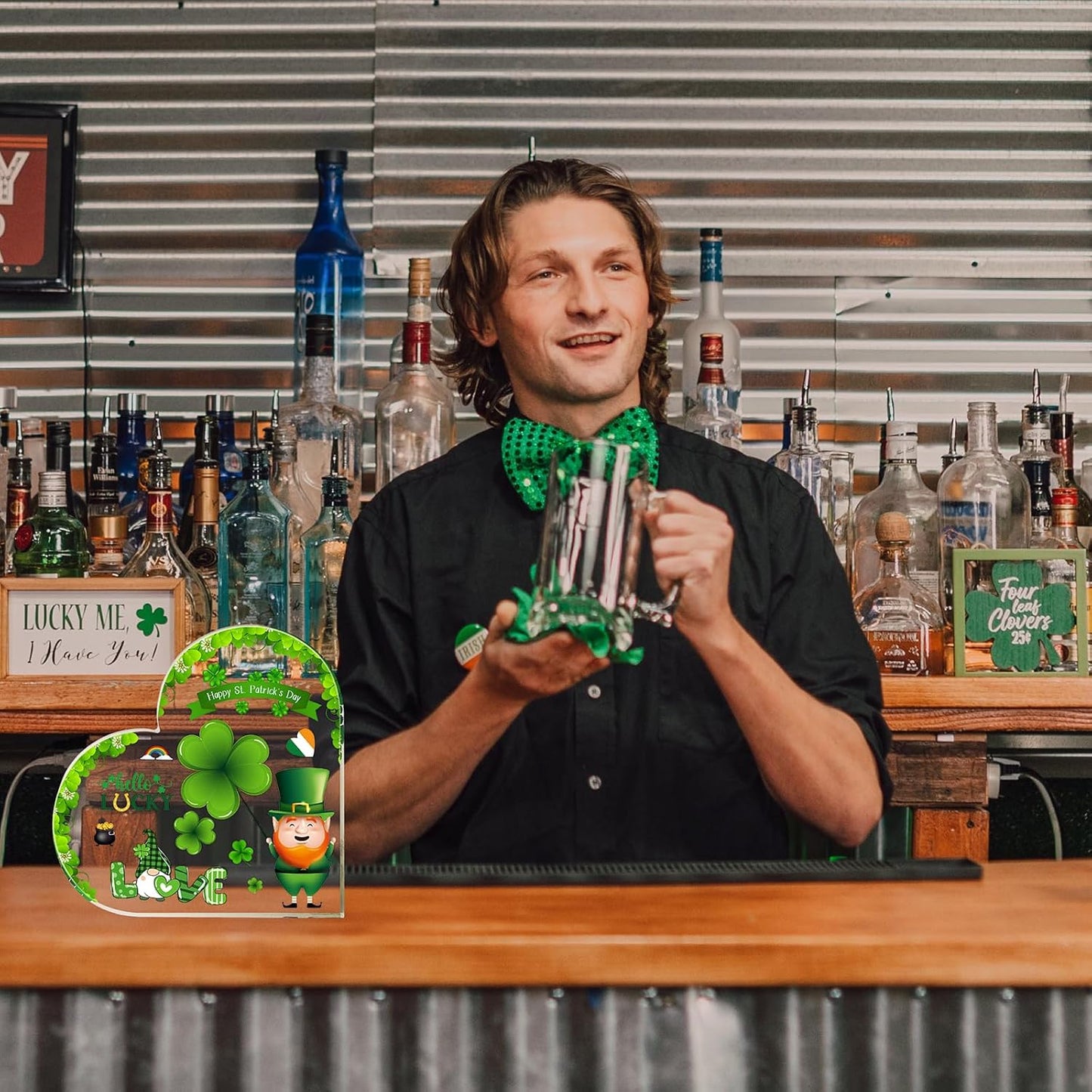 St Patricks Day Gifts & St Patricks Day Decor for Table, Office Desk, Shelf, Mantle - Acrylic Heart Shamrocks Decorations for Home