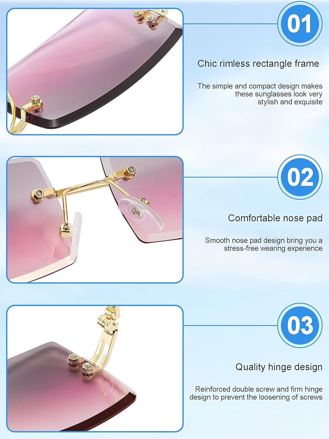 3 Pairs Rimless Rectangle Sunglasses Tinted Frameless Eyewear Vintage Transparent Rectangle Y2K Glasses for Women Men